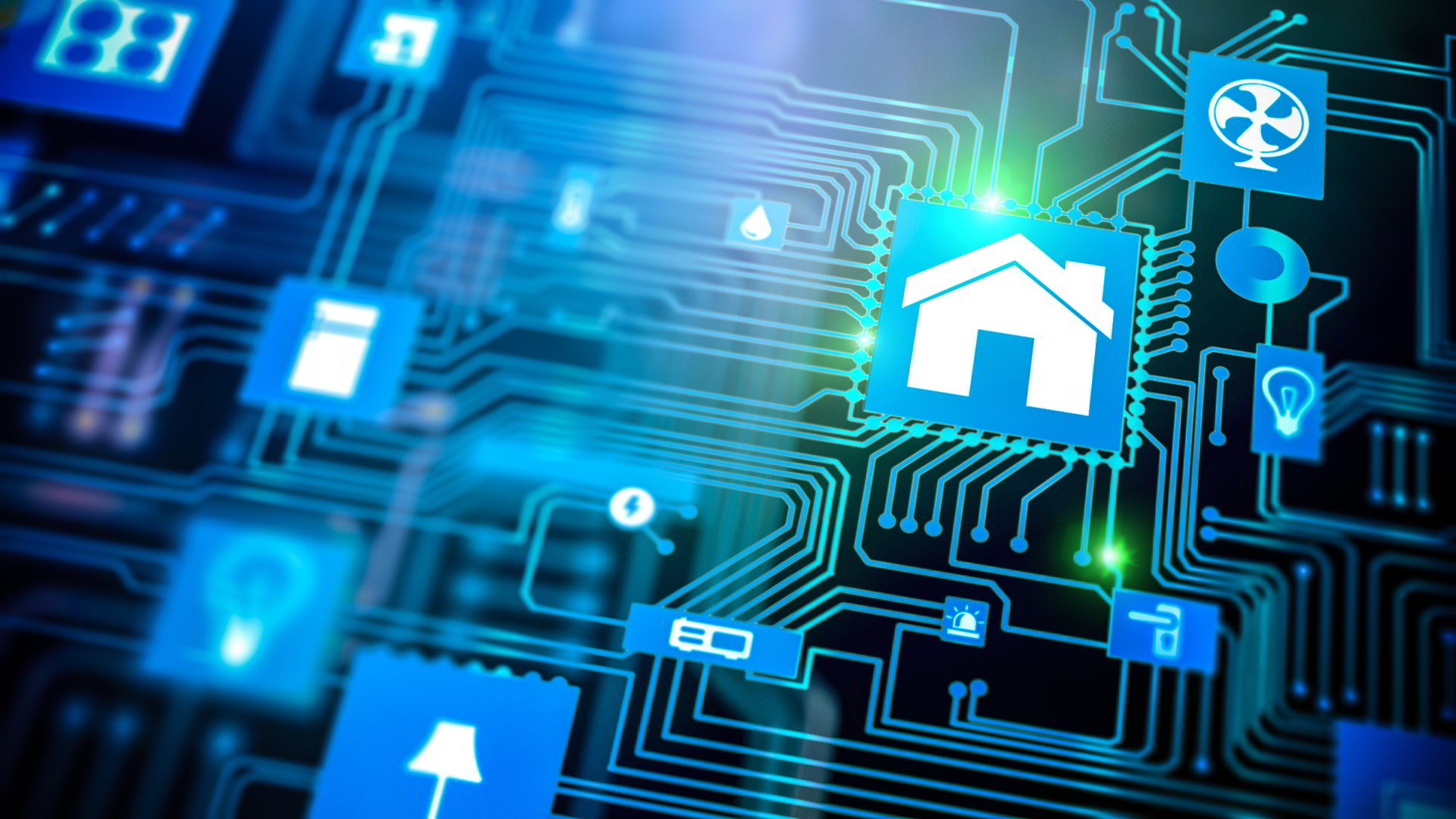 The website banner shows a digital representation of a tech ecosystem. It features a circuit board design with a house in the centre, the home is connected to various technologies such as lights, plugs, security symbols. The backdrop is an electric blue, powering the banner with a high-tech and futuristic feel!