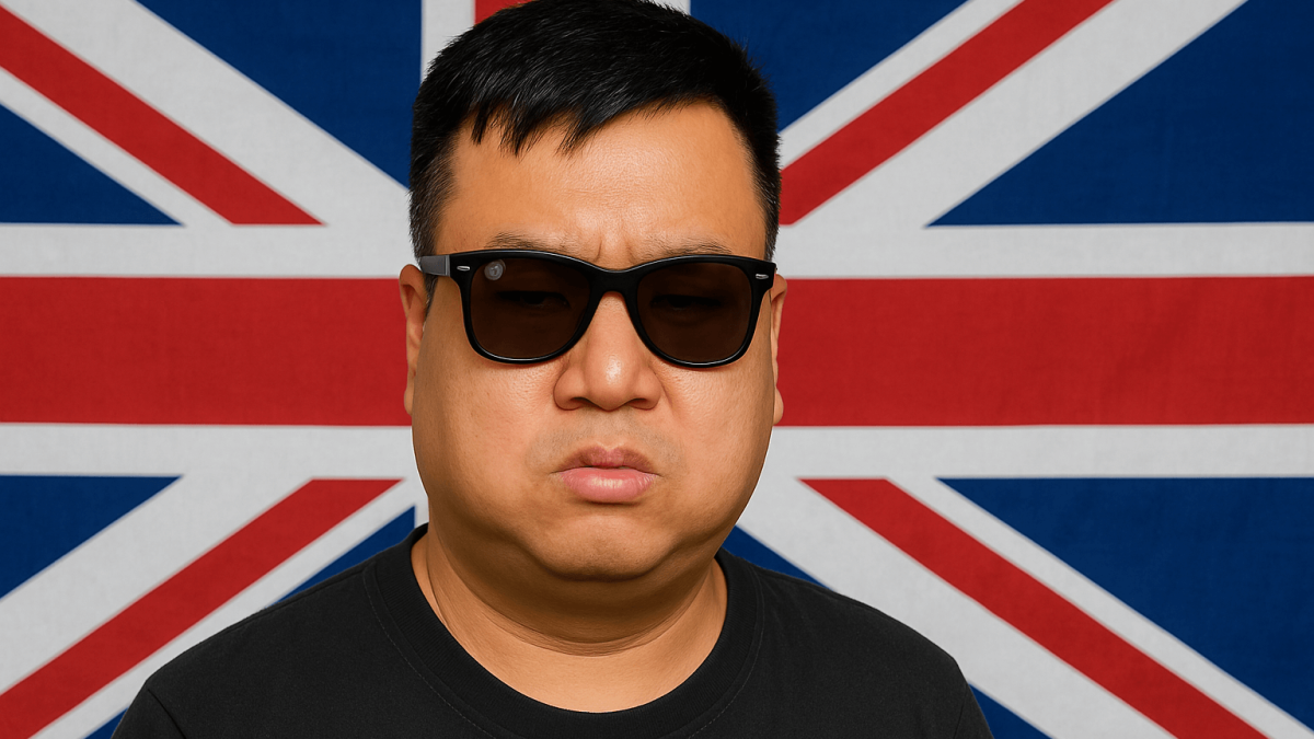 Asian man wearing black Ray-Ban smart sunglasses and black t-shirt in front of the UK Union Jack flag, symbolising the launch of Meta AI Look feature in the United Kingdom.